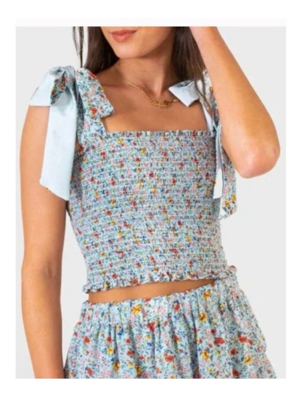 Koch Smocked Floral Crop Top Tie Shoulder Straps Light Blue Ditsy Print Size S